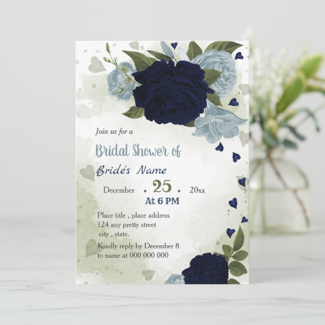 Invitation marine et bleu poussiéreux fleurs verdure douche n (Debout devant)