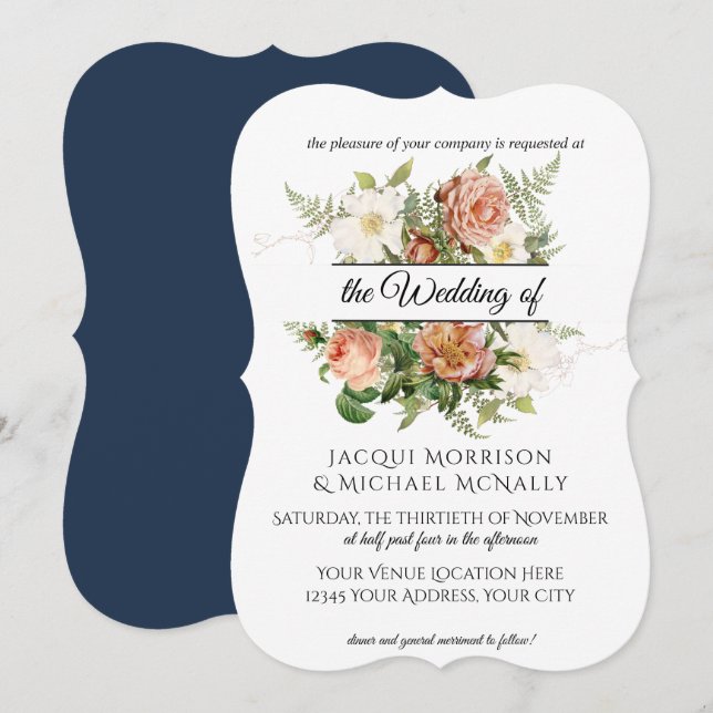 Invitation Marine et Blush Peony, Roses w Fern Wreath Mariage (Devant / Derrière)