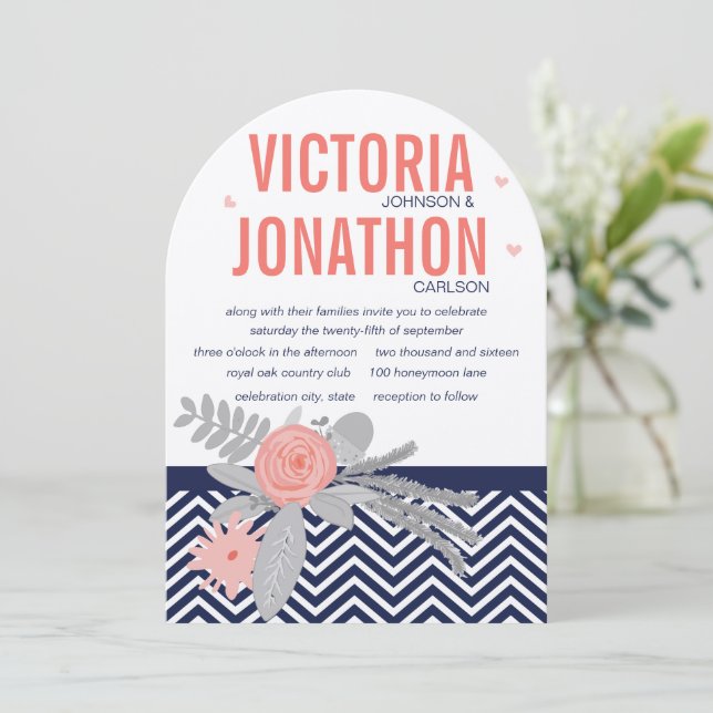 Invitation Marine et Coral Zigzag Chevron Floral Mariage (Debout devant)