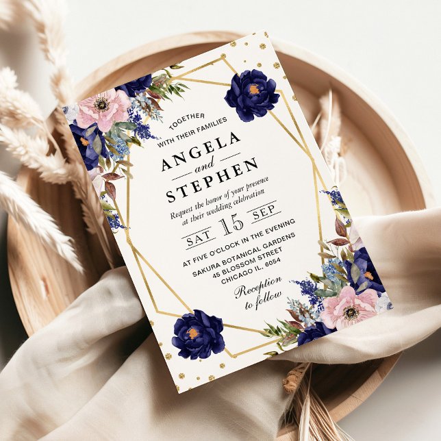 Invitation Marine et crème Fleurs d'été Mariage Gold Frame (Créateur téléchargé)