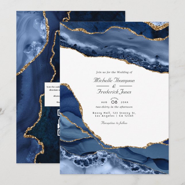 Invitation Marine et Gold Agate Stone QR Code RSVP Mariage (Devant / Derrière)