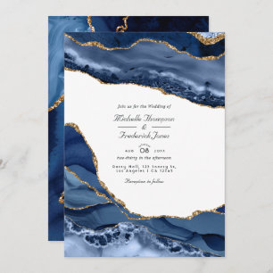 Invitation Marine et Gold Agate Stone QR Code RSVP Mariage