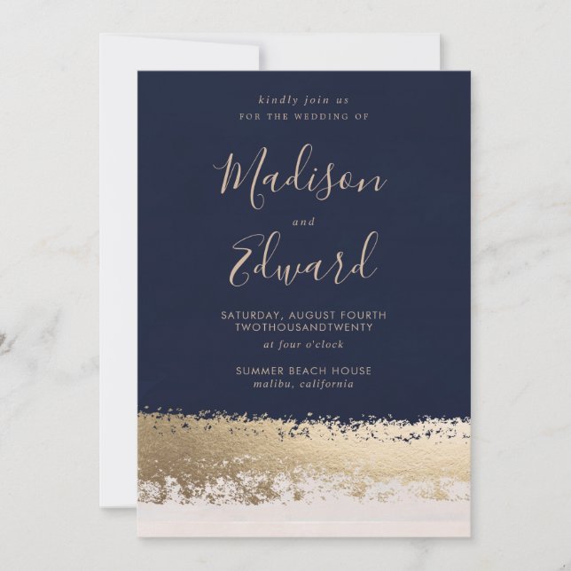 Invitation Marine et Gold Foil, Mariage élégant (Devant)