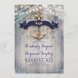 Invitation Marine et Gold Nautical Rustic Ancre Plage Mariage