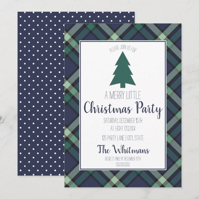 Invitation Marine et Green Tartan Plaid, fête de Noël (Devant / Derrière)