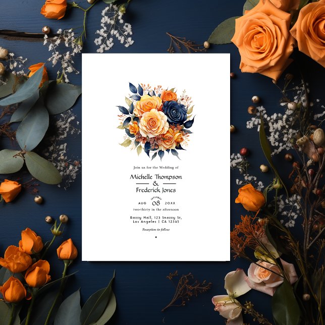 Invitation Marine et Mariage Floral Orange (Créateur téléchargé)
