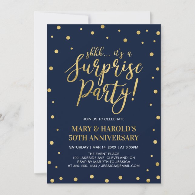 Invitation Marine et Or | 50e anniversaire du Mariage surpris (Devant)