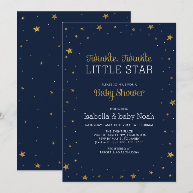 Invitation Marine et Or | Baby shower Twinkle Little Star (Devant / Derrière)