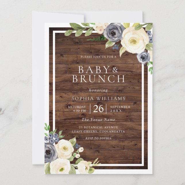 Invitation Marine & Fleurs blanches Baby shower rustique Brun (Devant)