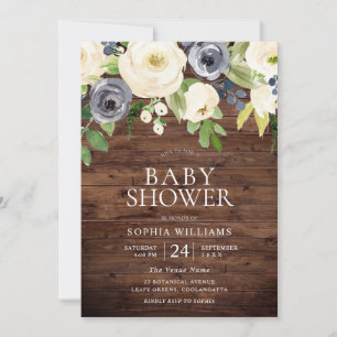 Invitation Marine & Fleurs blanches Baby shower rustique en b