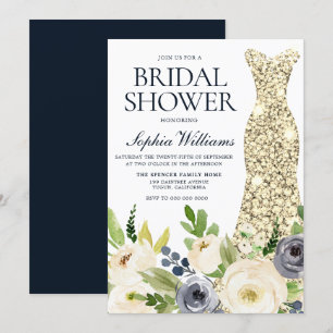 Invitation Marine & Fleurs blanches Robe d'or Fête des mariée