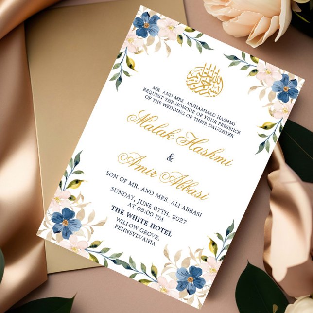 Invitation Marine Floral Gold Musulman Mariage arabe islamiqu (Créateur téléchargé)