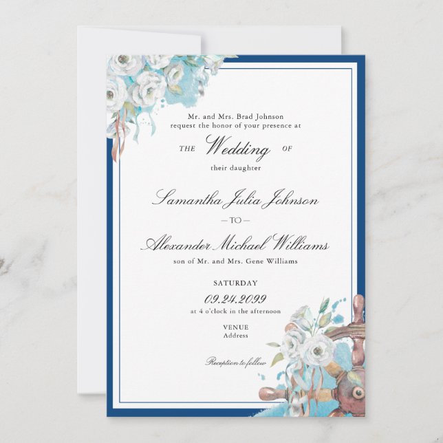 Invitation Marine florale marine et Mariage officiel blanc (Devant)