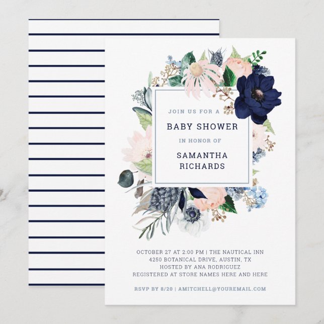 Invitation Marine Flore marine et rayures | Baby shower (Devant / Derrière)