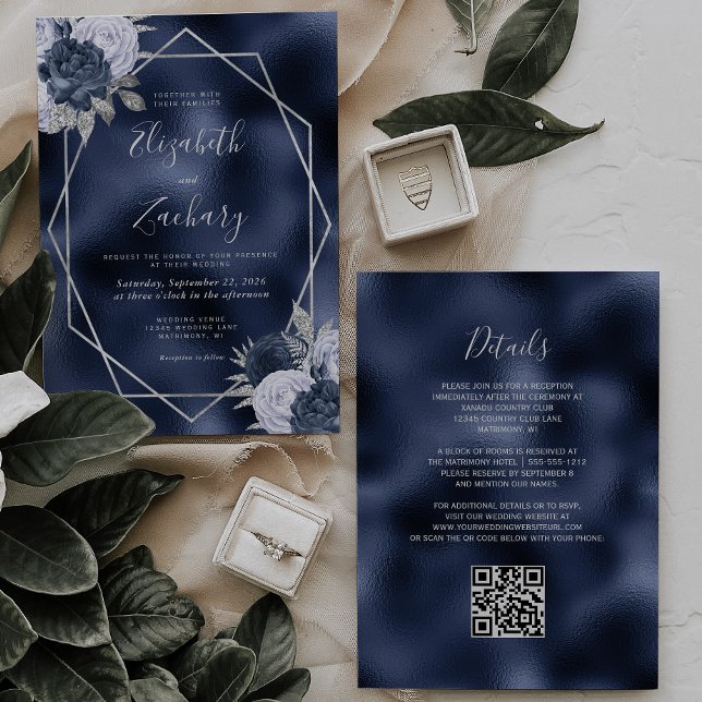 Invitation Marine Foil Dusty Blue Silver Floral QR Code Maria (Créateur téléchargé)