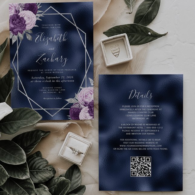 Invitation Marine Foil Lilac Silver Floral QR Code Mariage (Créateur téléchargé)