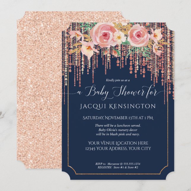 Invitation Marine Fringe Rose Or Blush Rose Floral Douche (Devant / Derrière)