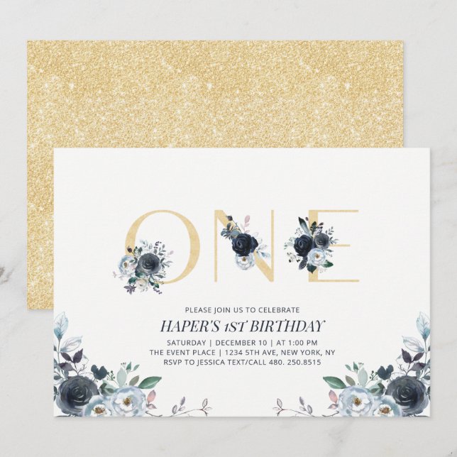 Invitation Marine & Gold Boho Floral Premier anniversaire fêt (Devant / Derrière)