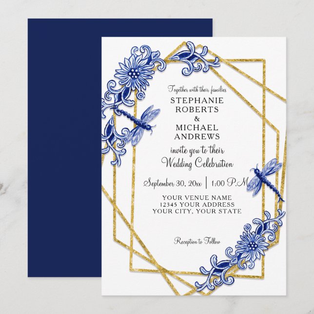 Invitation Marine Gold Dragonfly asiatique Chine Floral Aquar (Devant / Derrière)