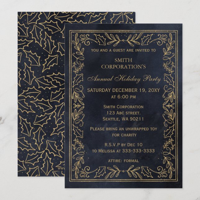 Invitation Marine Gold Elegant Corporate Holiday Party (Devant / Derrière)