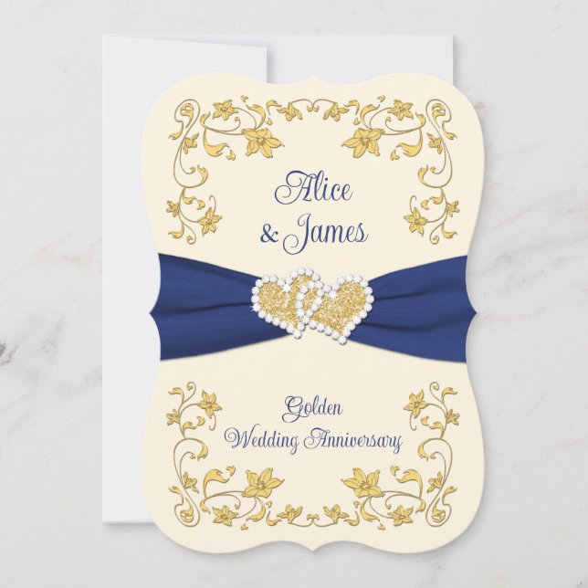 Invitation Marine, Gold Love Hearts 50e anniversaire de Maria (Devant)