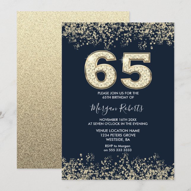 Invitation Marine & Gold Mens ou femmes 65e fête d'anniversai (Devant / Derrière)