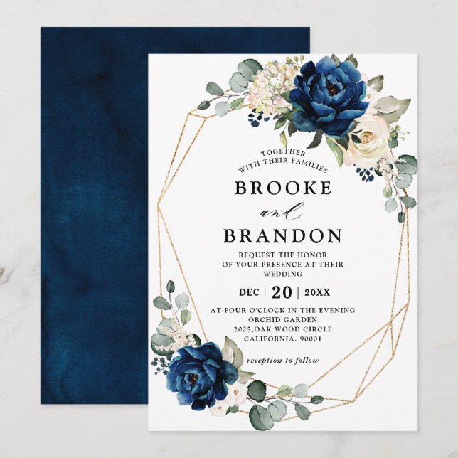 Invitation Marine Gold White Champagne Ivory Mariage géométri (Devant / Derrière)