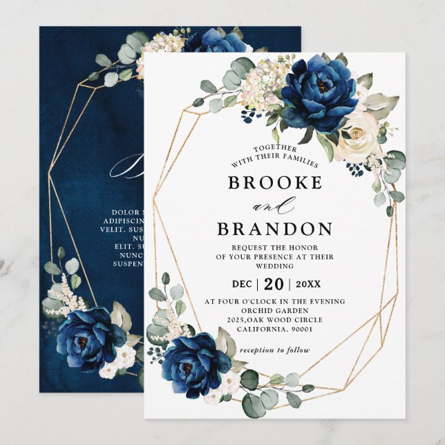 Invitation Marine Gold White Champagne Ivory Mariage géométri (Devant / Derrière)
