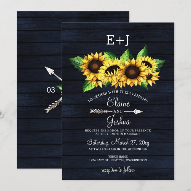 Invitation Marine grange bois Sunflowers Pays Mariage rustiqu (Devant / Derrière)