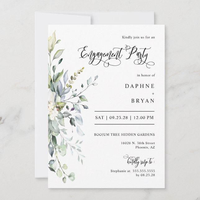 Invitation Marine Green Feuilles Engagement Party QR Code Pho (Devant)