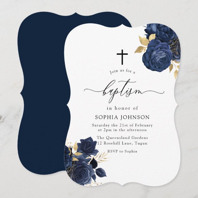 Invitation Marine Indigo Blue Floral Gold Leaf Baptême (Devant / Derrière)