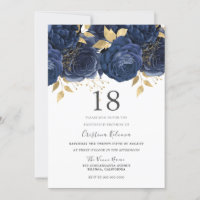 Marine Indigo Blue & Gold Floral 18e fête d'annive