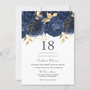 Invitation Marine Indigo Blue & Gold Floral 18e fête d'annive
