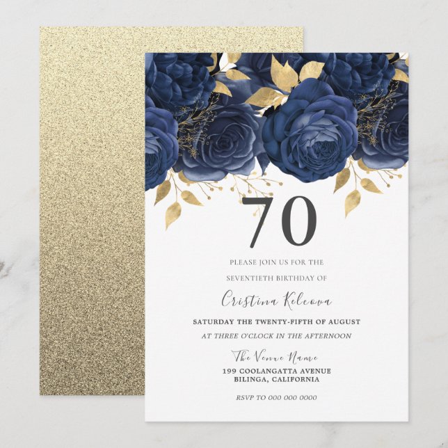 Invitation Marine Indigo Blue & Gold Floral 70e fête d'annive (Devant / Derrière)
