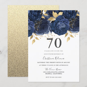Invitation Marine Indigo Blue & Gold Floral 70e fête d'annive