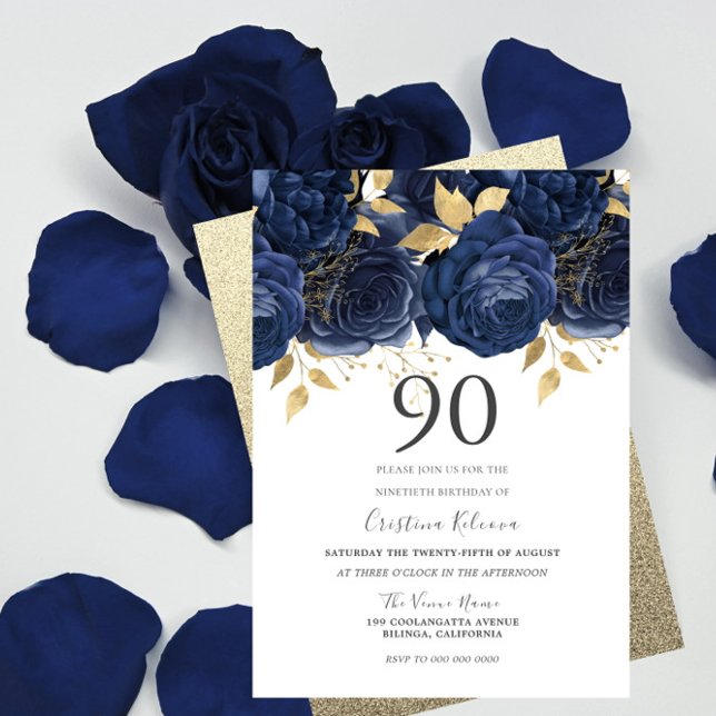 Invitation Marine Indigo Blue & Gold Floral 90e fête d'annive (Créateur téléchargé)