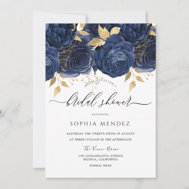 Invitation Marine Indigo Blue & Gold Floral Fête des mariées (Devant)