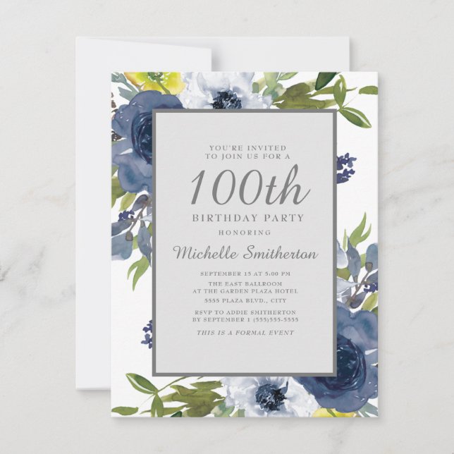 Invitation Marine Jaune Blanc Floral Feuilles 100e anniversai (Devant)