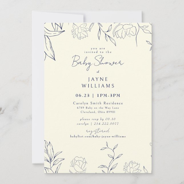 Invitation Marine & Jaune Botanique Baby shower neutre (Devant)
