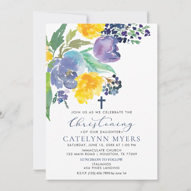 Invitation Marine Jaune et violet Bright Floral Christening (Devant)