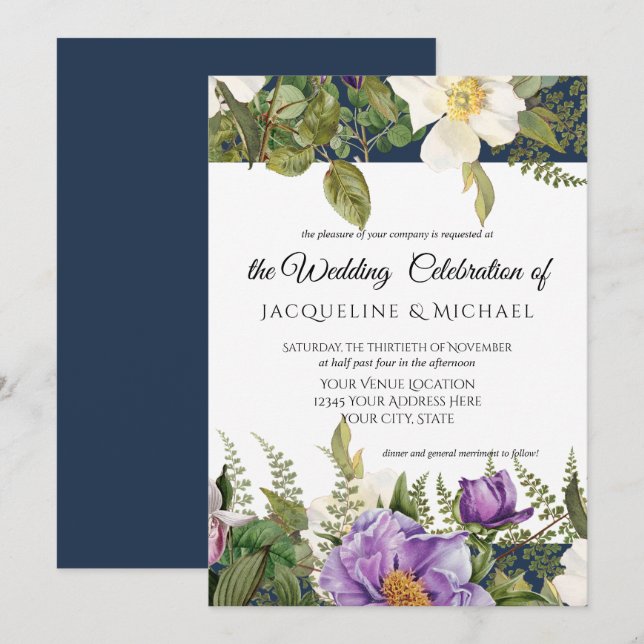 Invitation Marine Lavender Floral Ivory Mariage Rose Foliing (Devant / Derrière)