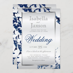 Invitation Marine Marbre Bleu, Argent & Satin Blan