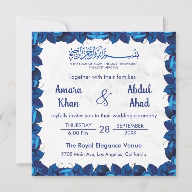 Invitation Marine Marbre bleu floral Mariage musulman islamiq (Devant)