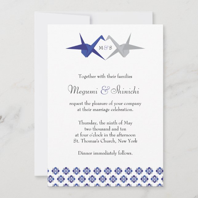 Invitation Marine / Mariage de grues Origami Argent (Devant)