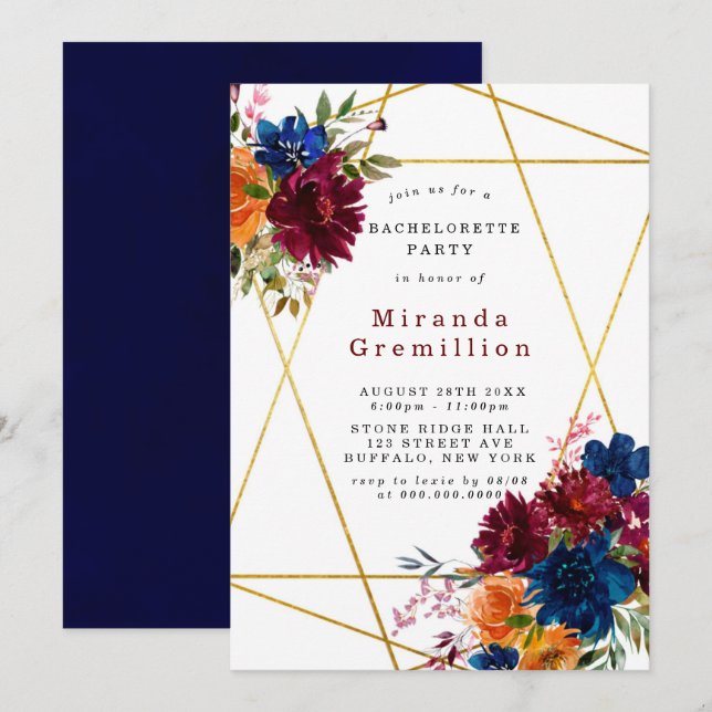 Invitation Marine Marsala Orange Floral Bachelorette Party (Devant / Derrière)