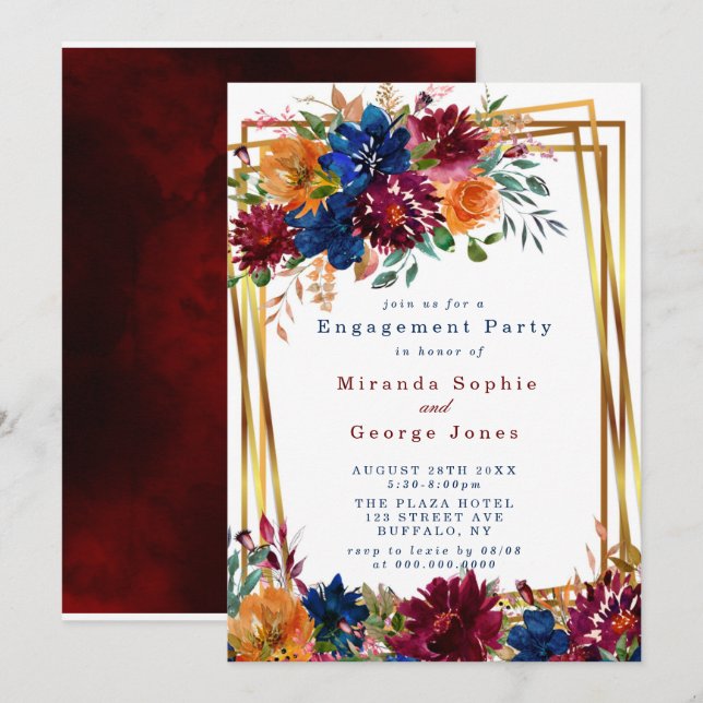 Invitation Marine Marsala Orange Floral Gold (Devant / Derrière)