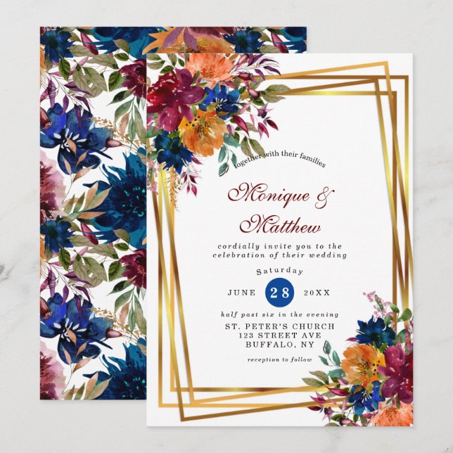 Invitation Marine Marsala Orange Floral Mariage géométrique I (Devant / Derrière)