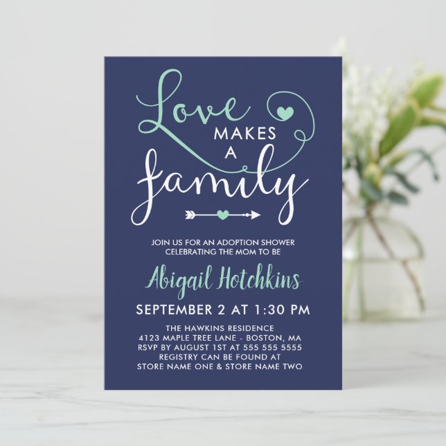 Invitation Marine Mint Love Fait Une Douche D'Adoption Famili (Debout devant)