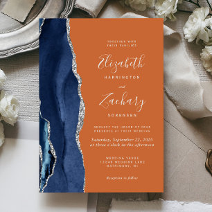 Invitation Marine moderne Bleu Argent Agate Brûlé Orange Mari