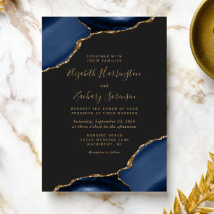 Invitation Marine moderne Blue Gold Agate Corners Mariage fon